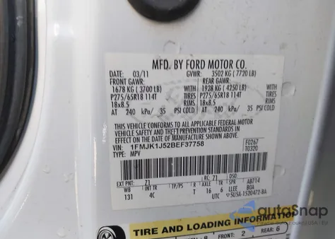 2011 Ford Expedition El Xlt из США, поврежденный, VIN 1FMJK1J52BEF37758